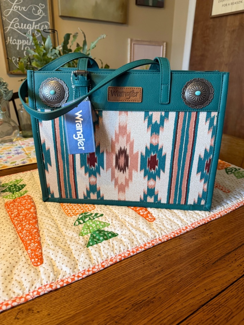 Wrangler Teal Aztec Pattern Tote with Concho Accents